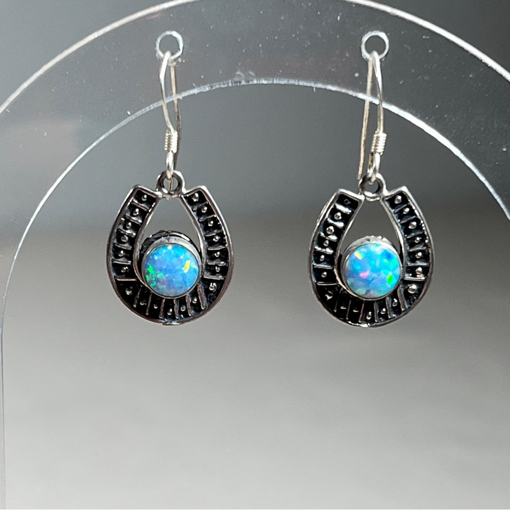 Sterling Silver 925 Horseshoes with Opal‎ Dangle Earrings French Hook Good Luck